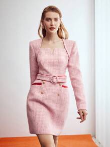 MOTF PREMIUM BELTED TWEED DRESS - Baby Pink - View 7