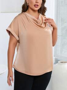 SHEIN Privé Plus Draped Collar Dolman Sleeve Blouse - Khaki - View 6