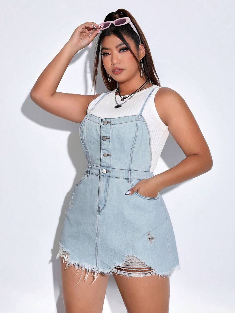 Plus Ripped Raw Hem Denim Dress Without Tank Top - Blue - View 1