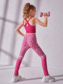 SHEIN Cô gái Tween In hoa Báo Sọc Set bộ đồ thể thao - Màu Hồng Tươi - Xem 2