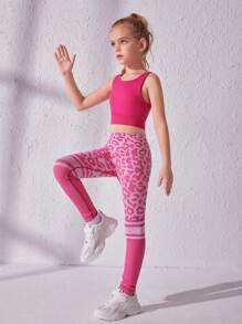 SHEIN Cô gái Tween In hoa Báo Sọc Set bộ đồ thể thao - Màu Hồng Tươi - Xem 3