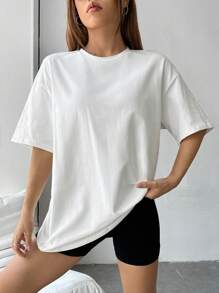 SHEIN EZwear 建築物和標語圖案落肩T恤 - 白色 - 查看 2