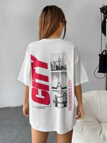 SHEIN EZwear 建築物和標語圖案落肩T恤 - 白色 - 查看 6