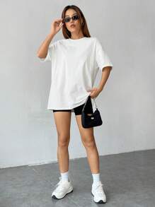 SHEIN EZwear 建築物和標語圖案落肩T恤 - 白色 - 查看 5