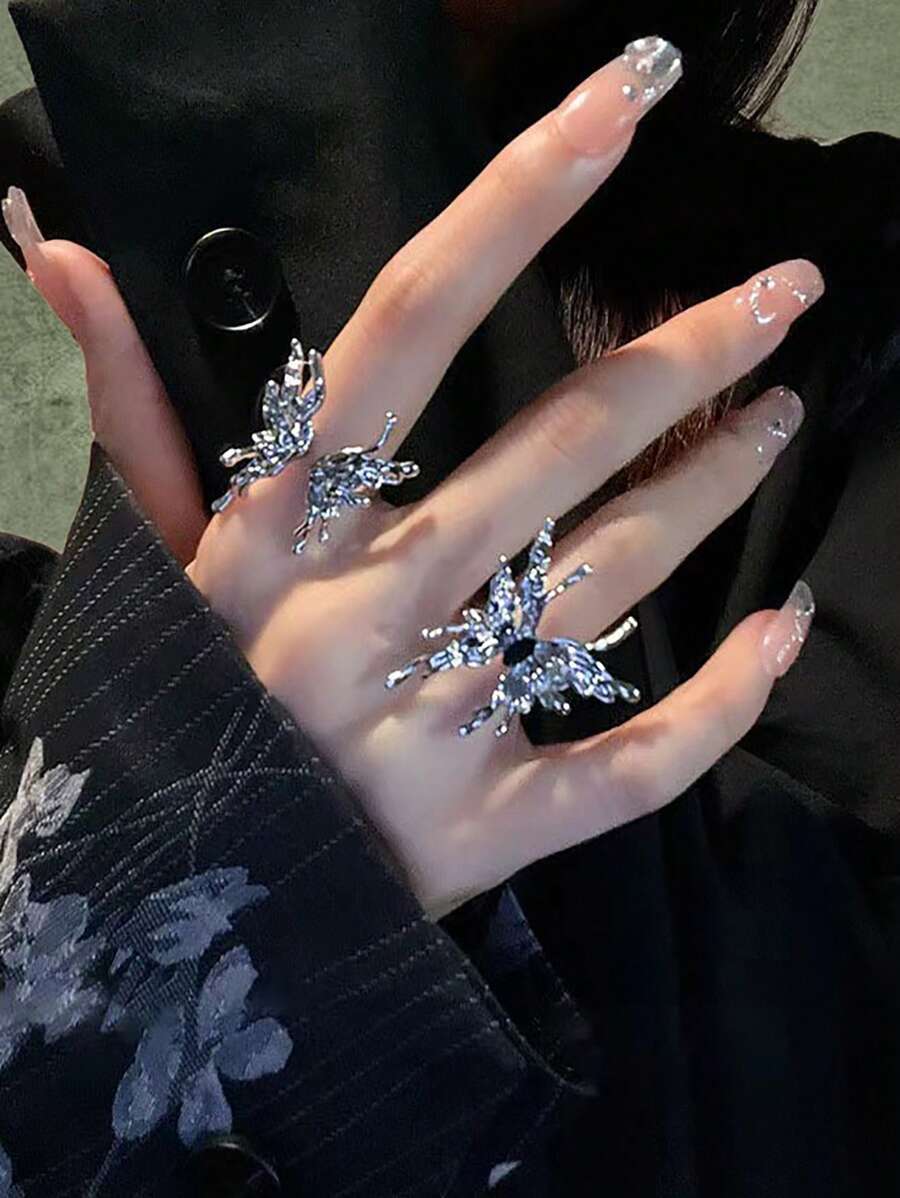 ROMWE Fairycore 2入組時尚鐵合金蝴蝶裝飾圓環適合女士日常裝飾 - 銀色 - 查看 1