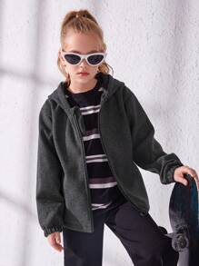 Tween Girl Zip Up Hooded Active Jacket - Dark Grey - View 1