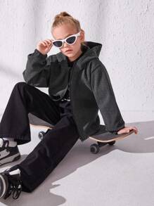 Tween Girl Zip Up Hooded Active Jacket - Dark Grey - View 5