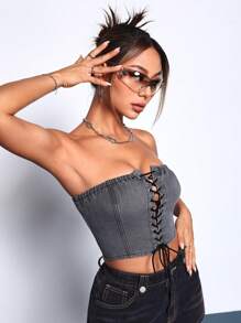 SHEIN ICON Lace lên phía trước Ống Tops Denim - Màu xám đen - Xem 4