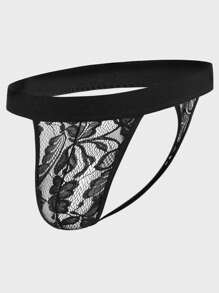 男士花卉蕾絲後鏤空丁字褲 - 黑色 - 查看 3