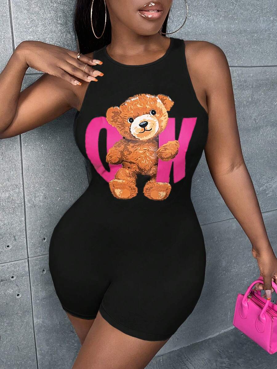 Slaydiva 熊和字母圖案彈力緊身連體短褲 - 黑色 - 查看 1