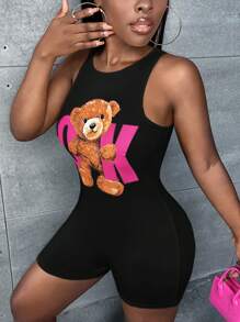 Slaydiva 熊和字母圖案彈力緊身連體短褲 - 黑色 - 查看 5