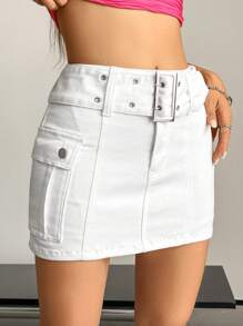 SHEIN ICON 翻蓋口袋腰帶牛仔半身裙 - 白色 - 查看 3