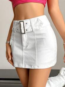 SHEIN ICON 翻蓋口袋腰帶牛仔半身裙 - 白色 - 查看 4