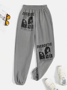 SHEIN EZwear Plus Figure & Slogan Graphic Sweatpants - Grey - View 1