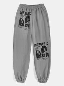 SHEIN EZwear Plus Figure & Slogan Graphic Sweatpants - Grey - View 3