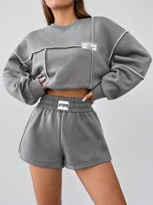 SHEIN EZwear Letter Patched Top-stitching Drop Shoulder Pullover