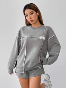 SHEIN EZwear Letter Patched Top-stitching Drop Shoulder Pullover