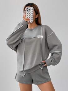 SHEIN EZwear Letter Patched Top-stitching Drop Shoulder Pullover