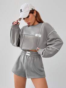 SHEIN EZwear Letter Patched Top-stitching Drop Shoulder Pullover