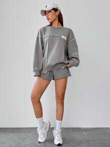 SHEIN EZwear Letter Patched Top-stitching Drop Shoulder Pullover