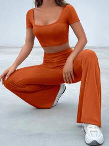 SHEIN EZwear Square Neck Crop Tee & Flare Leg Pants - Rust Brown - View 3