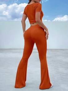SHEIN EZwear Square Neck Crop Tee & Flare Leg Pants - Rust Brown - View 2