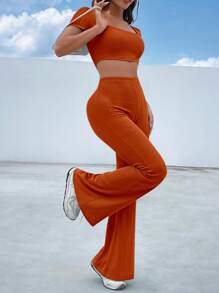 SHEIN EZwear Square Neck Crop Tee & Flare Leg Pants - Rust Brown - View 4