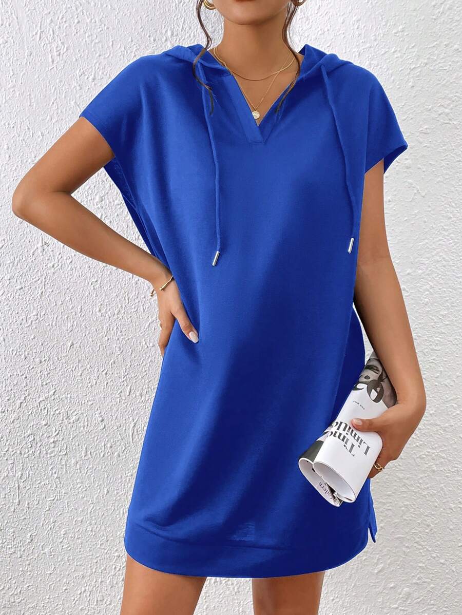 SHEIN Frenchy 抽繩蝙蝠袖連帽連衣裙 - 藍色 - 查看 1