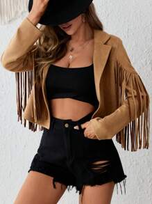 SHEIN VCAY 流蘇邊開門襟西裝領仿麂皮夾克 - 棕色 - 查看 3