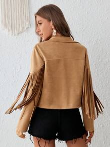 SHEIN VCAY 流蘇邊開門襟西裝領仿麂皮夾克 - 棕色 - 查看 2