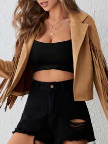 SHEIN VCAY 流蘇邊開門襟西裝領仿麂皮夾克 - 棕色 - 查看 4