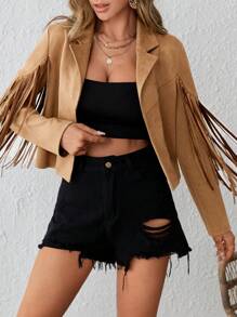 SHEIN VCAY 流蘇邊開門襟西裝領仿麂皮夾克 - 棕色 - 查看 1