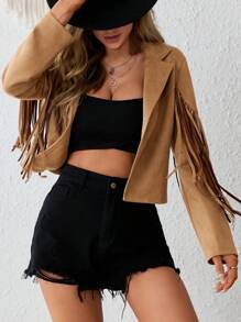 SHEIN VCAY 流蘇邊開門襟西裝領仿麂皮夾克 - 棕色 - 查看 5