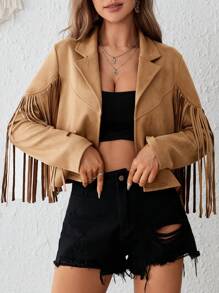 SHEIN VCAY 流蘇邊開門襟西裝領仿麂皮夾克 - 棕色 - 查看 7