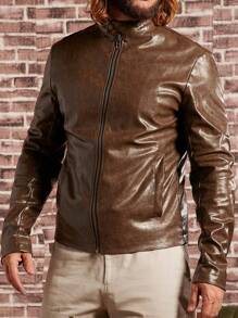 Manfinity VCAY Men Zip Up PU Leather Jacket - Brown - View 1