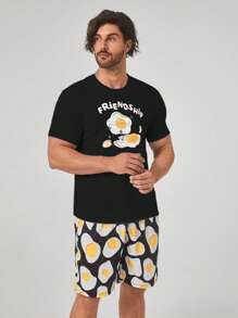 Hombres Conjunto de pijama huevo frito & con estampado de letra - Negro - Ver 1