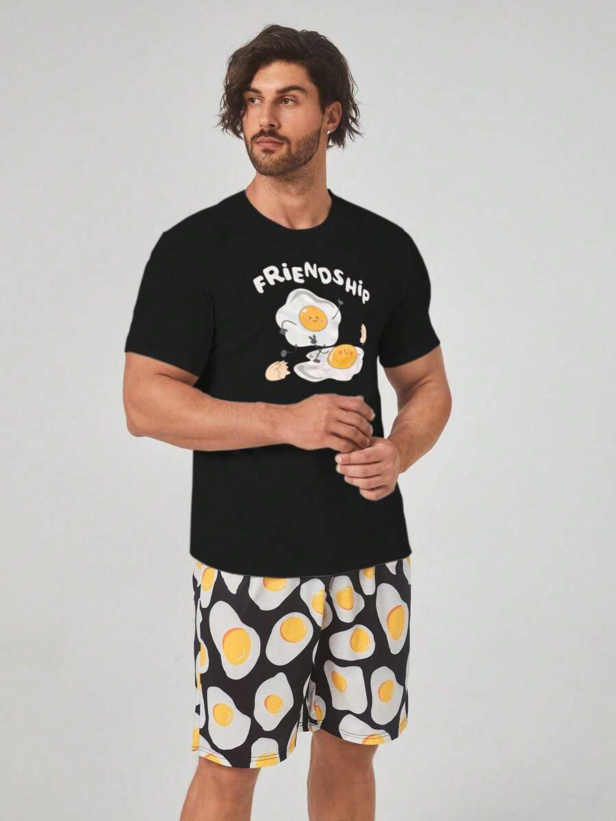Hombres Conjunto de pijama huevo frito & con estampado de letra - Negro - Ver 1