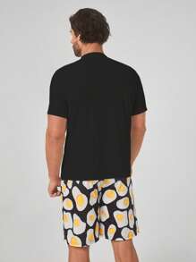 Hombres Conjunto de pijama huevo frito & con estampado de letra - Negro - Ver 2