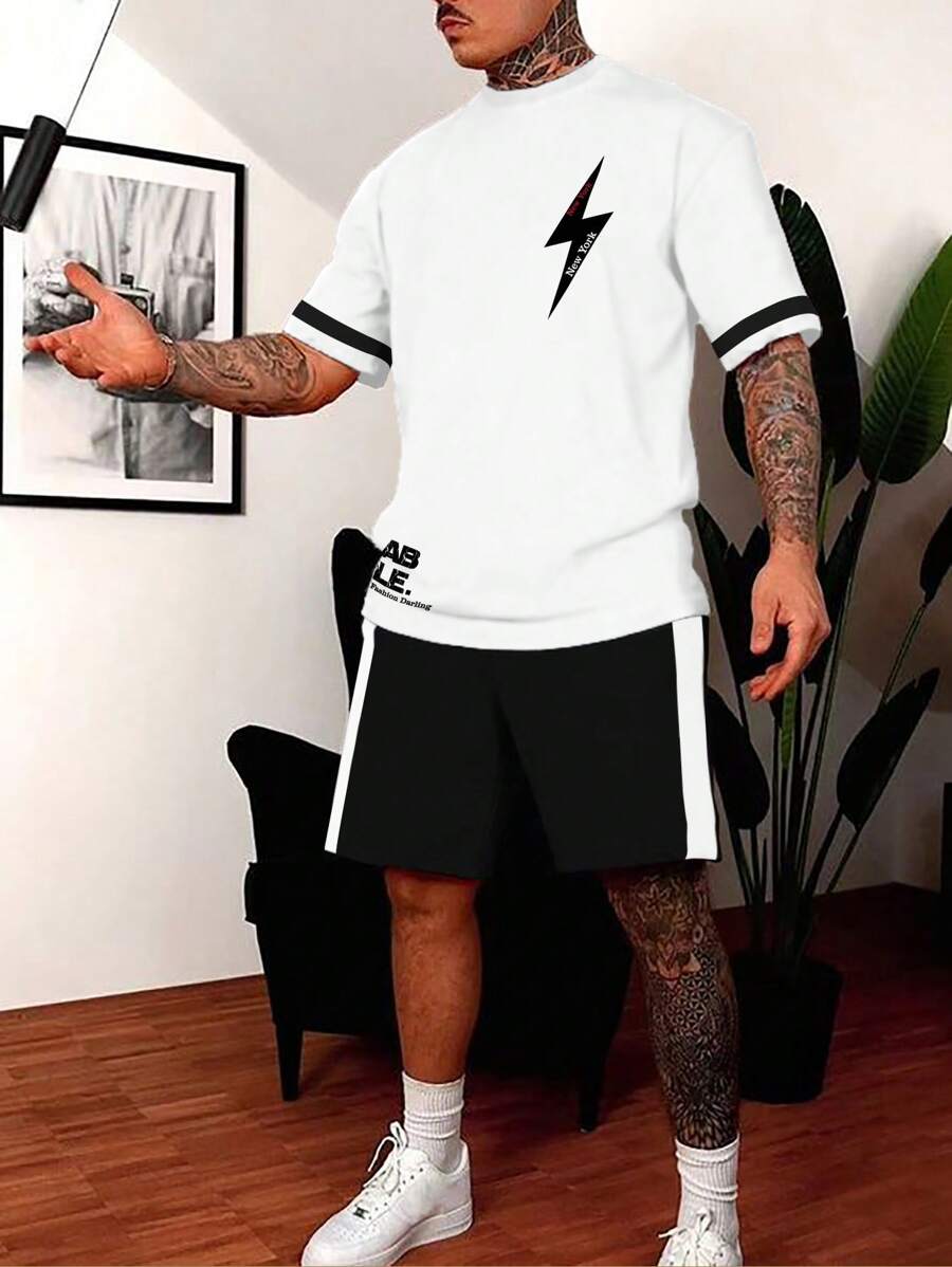 Manfinity Hypemode Men Lightning Print Tee & Shorts - Black and White - View 1
