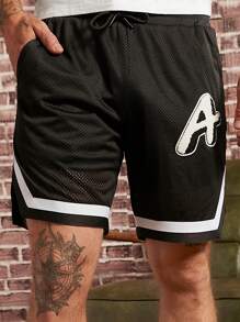 Manfinity RebelGame Men Letter Patched Contrast Tape Drawstring Waist Shorts - Black - View 1