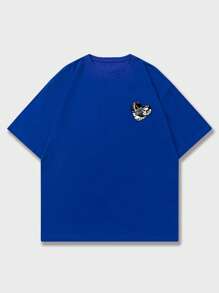 ROMWE MEN Street Life Men Slogan Graphic Drop Shoulder Tee, School, 2000s Style - Royal Blue - View 2