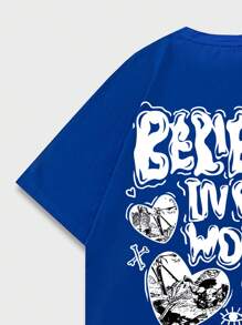 ROMWE MEN Street Life Men Slogan Graphic Drop Shoulder Tee, School, 2000s Style - Royal Blue - View 3