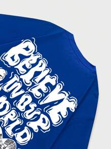 ROMWE MEN Street Life Men Slogan Graphic Drop Shoulder Tee, School, 2000s Style - Royal Blue - View 4