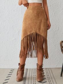 SHEIN VCAY Fringe Trim Asymmetrical Hem Skirt - Camel - View 1