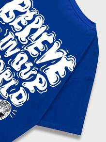 ROMWE MEN Street Life Men Slogan Graphic Drop Shoulder Tee, School, 2000s Style - Royal Blue - View 5