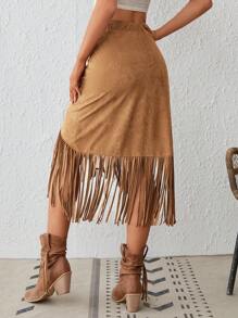 SHEIN VCAY Fringe Trim Asymmetrical Hem Skirt - Camel - View 2