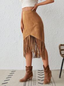 SHEIN VCAY Fringe Trim Asymmetrical Hem Skirt - Camel - View 3