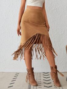 SHEIN VCAY Fringe Trim Asymmetrical Hem Skirt - Camel - View 4