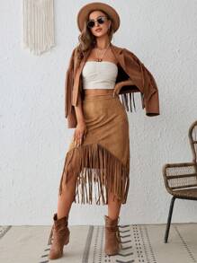SHEIN VCAY Fringe Trim Asymmetrical Hem Skirt - Camel - View 5