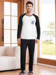 Hombres Conjunto de pijama pantalones con camiseta con estampado de slogan de manga raglán - Blanco y Negro - Ver 4